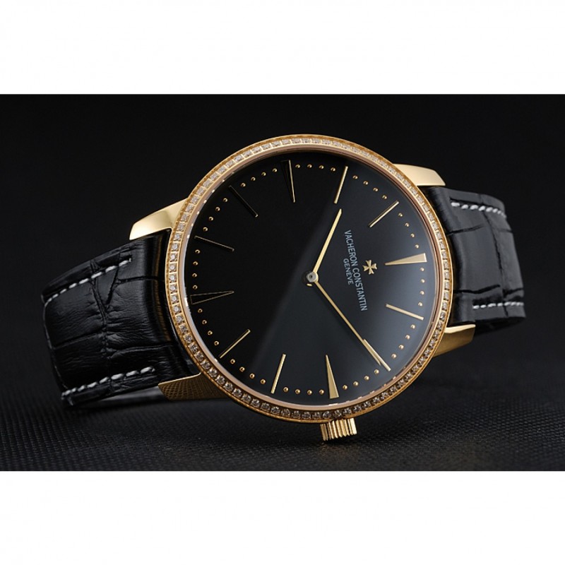 Swiss Vacheron Constantin Patrimony Grand Taille Black Dial Gold Diamond Case Black Leather Bracelet 1454183-4