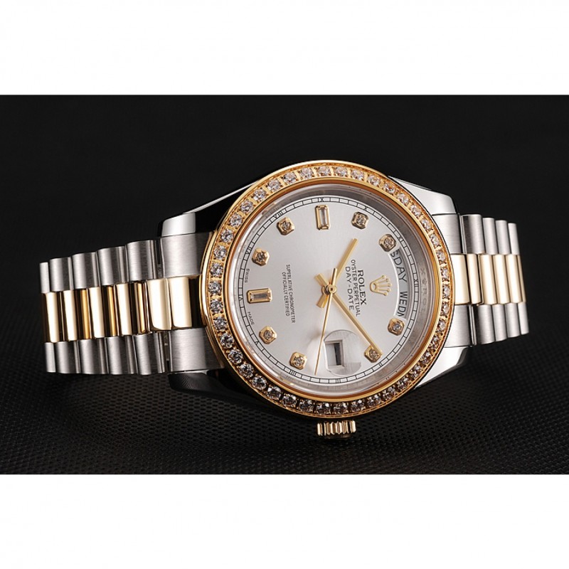 Swiss Rolex Day-Date White Dial Gold Diamond Case Two Tone Stainless Steel Bracelet 1453972-2