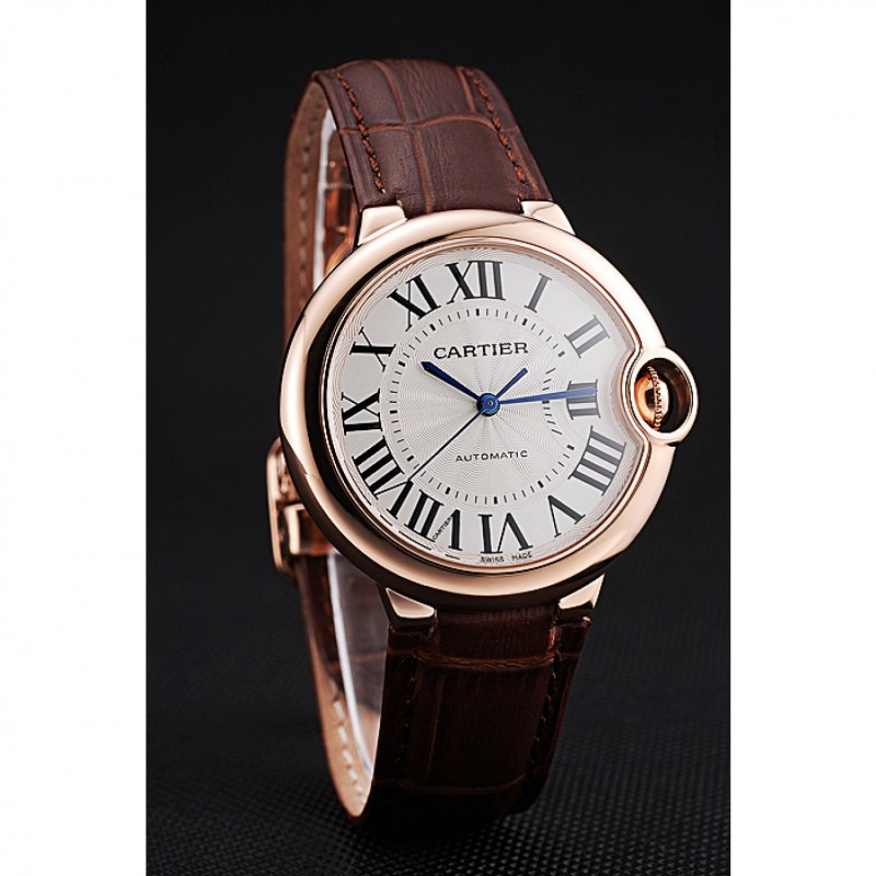 Best Replica Watches Swiss Ballon Blue De Cartier Gold Case White Dial Roman Numerals Brown Leather Bracelet 622651-2