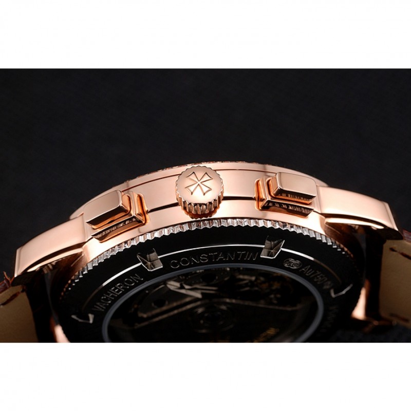 AAA Replica Watches Swiss Vacheron Constantin Patrimony Traditionnelle Chronograph Black Dial Diamond Bezel Rose Gold Case Brown Leather Strap 1453765-8
