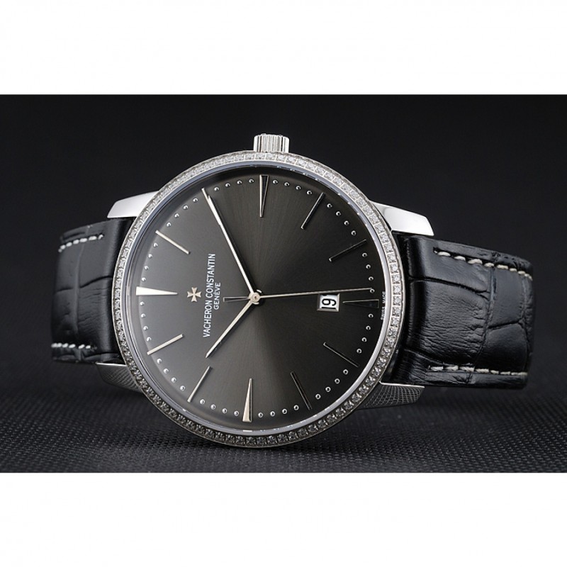 Swiss Vacheron Constantin Patrimony Grey Dial Silver Diamonds Case Black Leather Bracelet 1454163-3