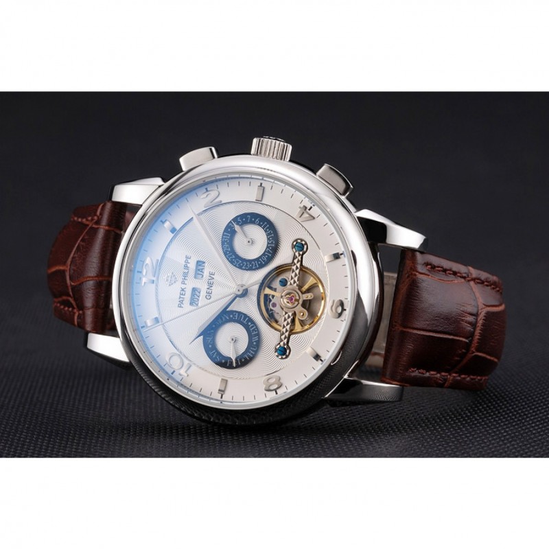 Cheap Replica Watches Patek Philippe Perpetual Calendar Tourbillon White Dial Stainless Steel Case Brown Leather Strap-3