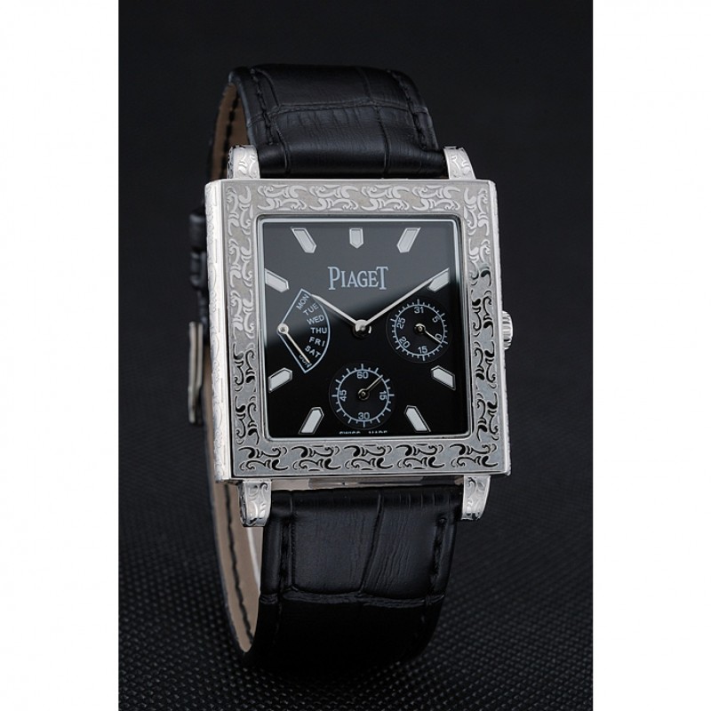 Piaget Emperador Limited Edition Black Dial Engraved Silver Case Black Leather Bracelet 1454136-2