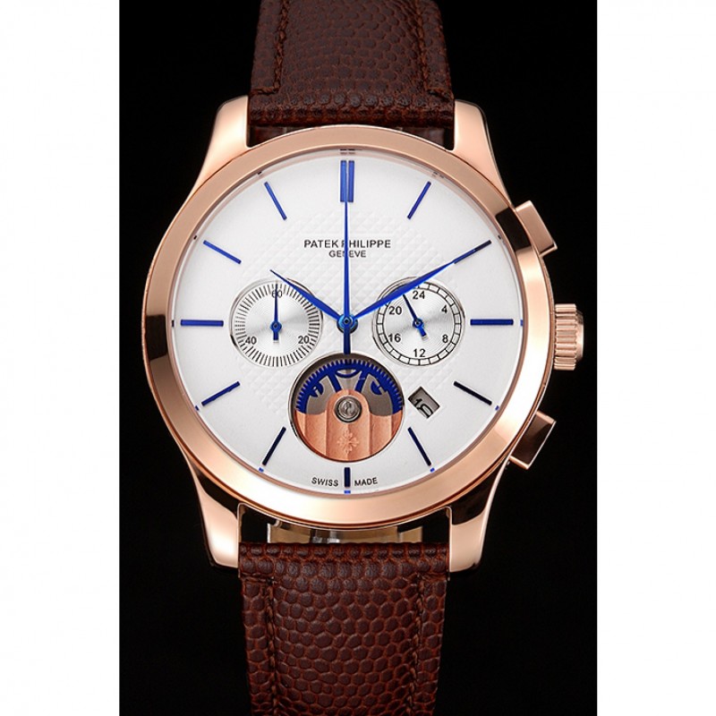 Patek Philippe Chronograph White Dial Rose Gold Case Brown Leather Strap-1