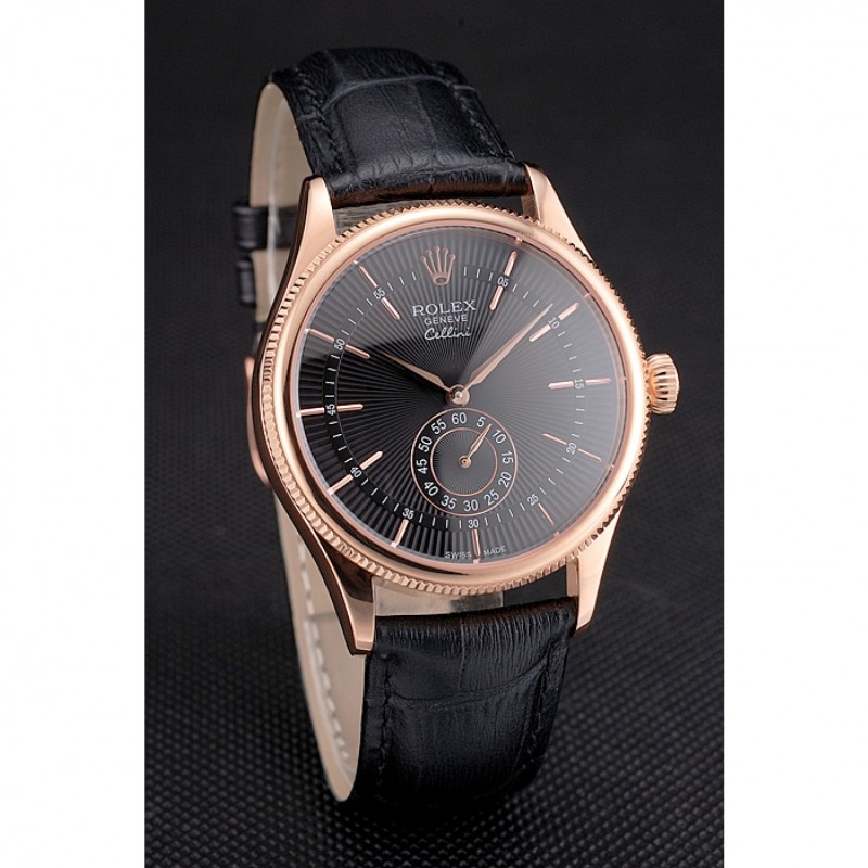 Swiss Rolex Cellini Black Dial Rose Gold Case Black Leather Strap-2