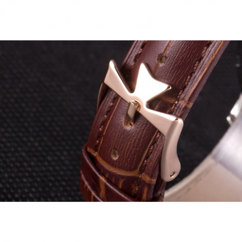 Vacheron Constantin White Skeleton Watch with Rose Gold Bezel and Brown Leather Strap 621539-7