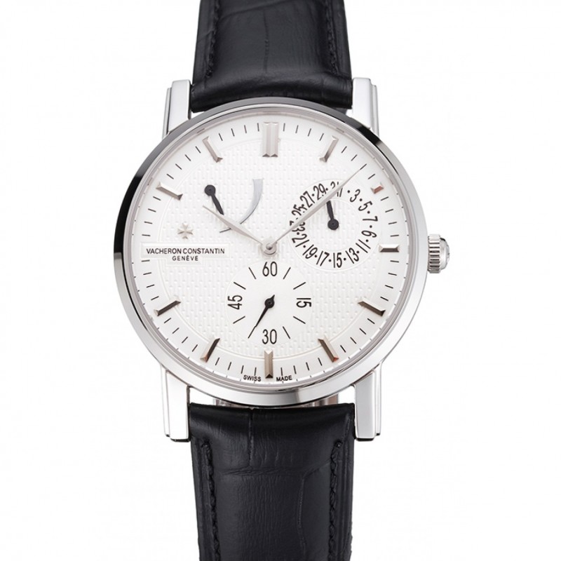 Swiss Vacheron Constantin Patrimony Quantieme Reserve De Marche Cream Dial Stainless Steel Case Black Leather Strap-0