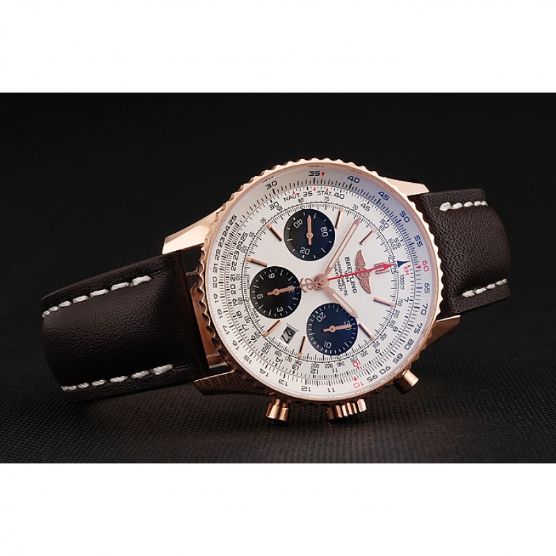 Swiss Breitling Navitimer 01 White Dial Black Subdials Rose Gold Case Brown Leather Strap-4
