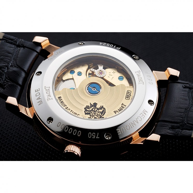 High Quality Replica Watches Piaget Altiplano Chronograph Black Dial Gold Case Black Leather Bracelet 1454047-7