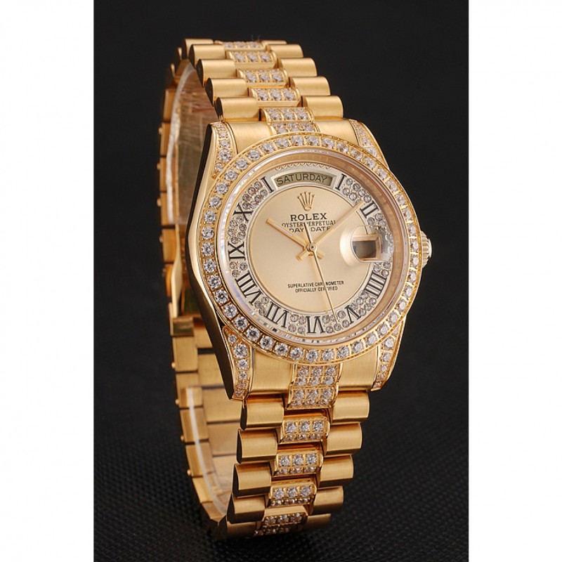 Swiss Rolex Day-Date Diamond Pave Gold Dial Gold Diamond Bracelet 1453954-1