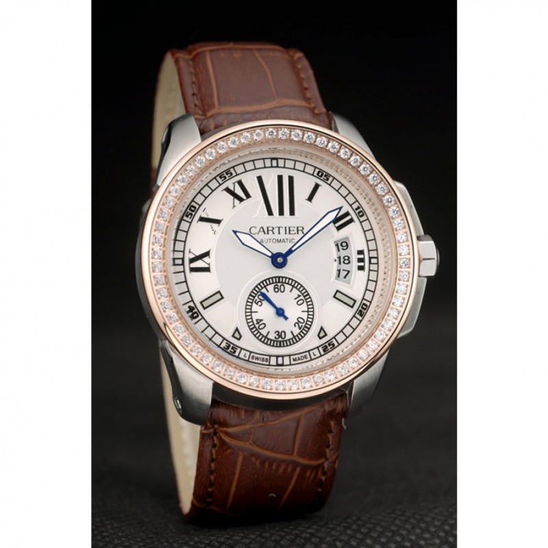 Cartier Calibre White Dial Diamonds Two Tone Case Brown Leather Bracelet-2