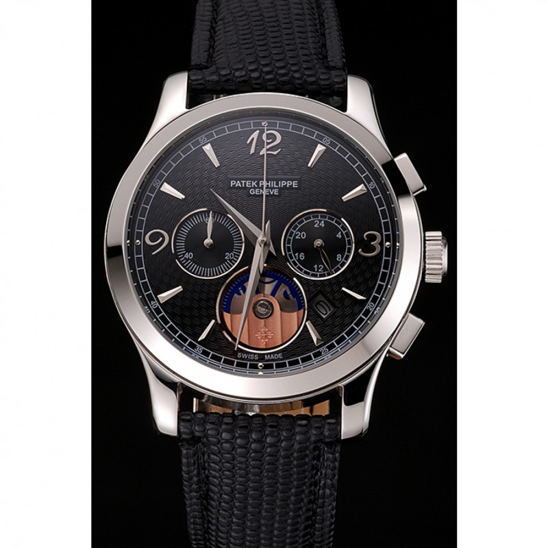Patek Philippe Chronograph Black Guilloche Dial Stainless Steel Case Black Leather Strap-1
