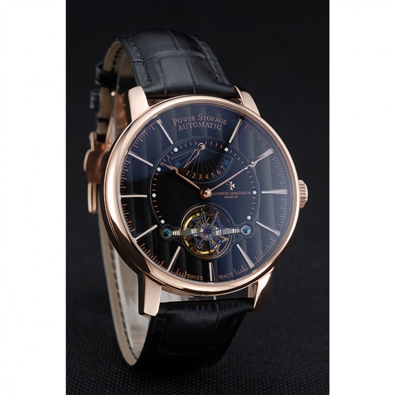High End Replica Watches Vacheron Constantin Tourbillion Power Reserve Black Dial Gold Case Black Leather Bracelet 1454271-2