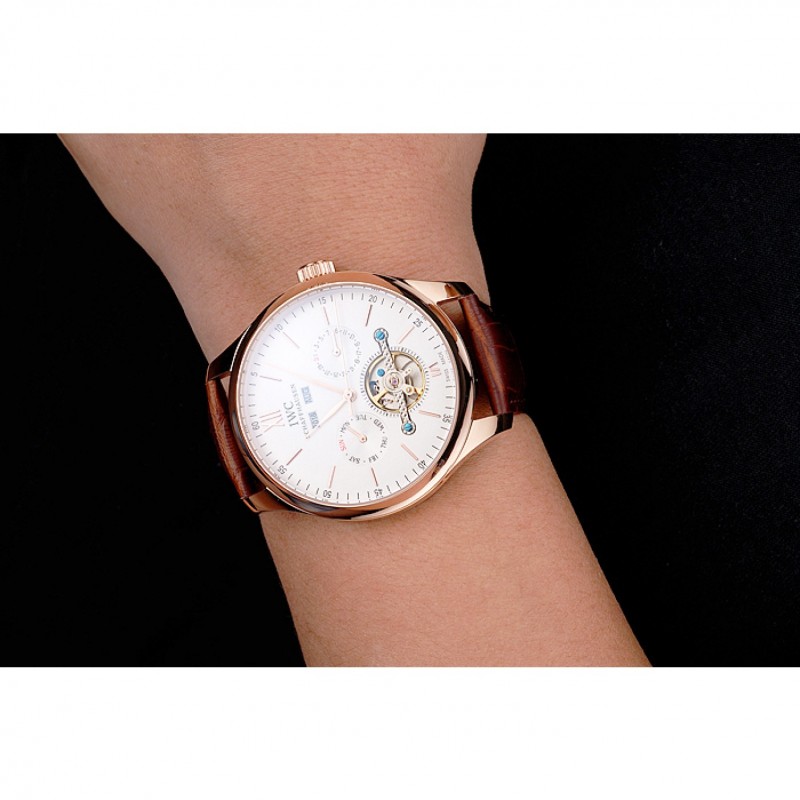IWC Portofino Tourbillon White Dial Rose Gold Case Broen Leather Strap-8