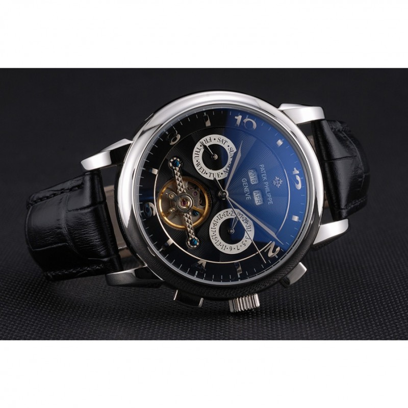 Patek Philippe Perpetual Calendar Tourbillon Black Dial Stainless Steel Case Black Leather Strap-3