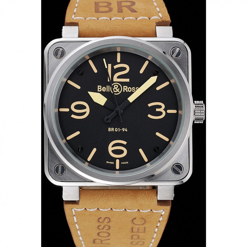 Bell and Ross BR 01-92 Black Dial Silver Case Gold Numerals Brown Leather Strap-1