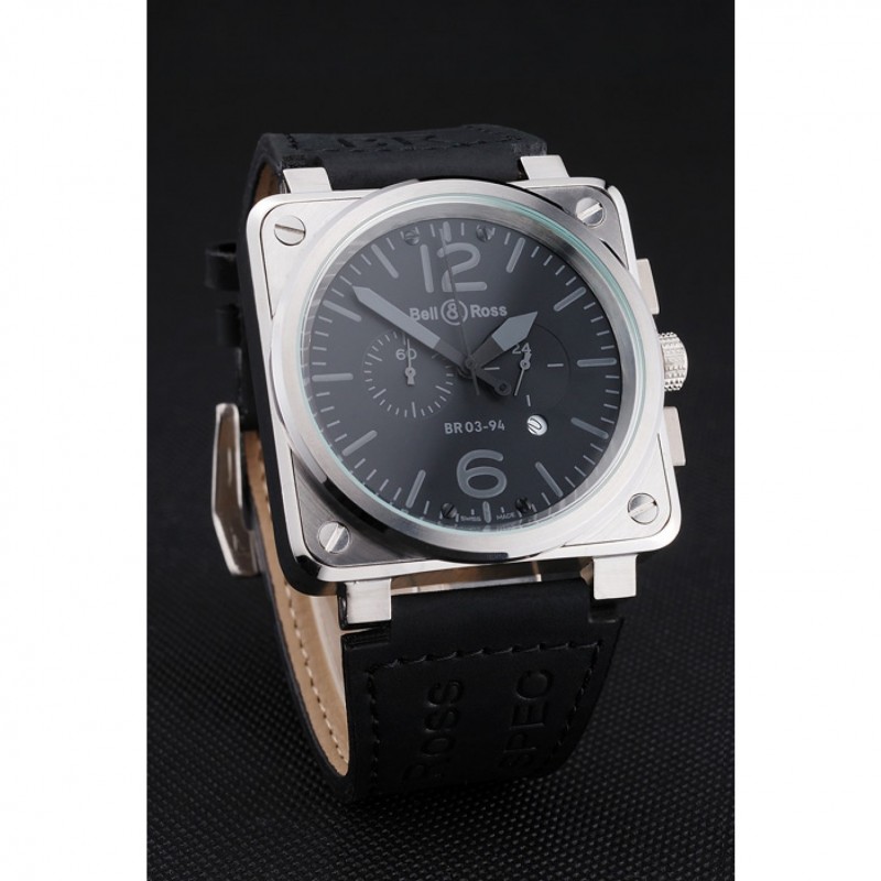 Cheap Bell and Ross BR 03-94 Black Dial Silver Case Black Leather Strap-2