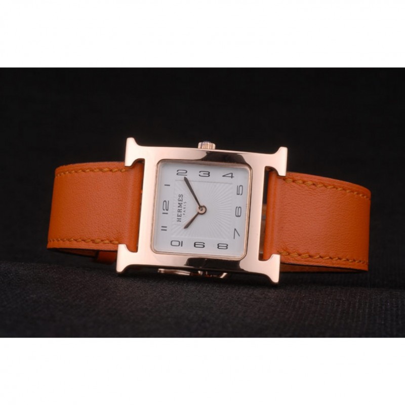 Cheap Hermes Heure H Rose Gold Bezel Orange Leather Strap White Dial 80234-4