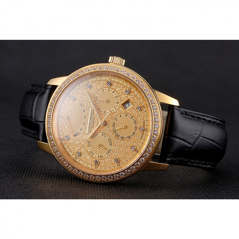 Swiss Vacheron Constantin Traditionnelle Power Reserve Gold Dial And Case Diamond Bezel Black Leather Strap-3