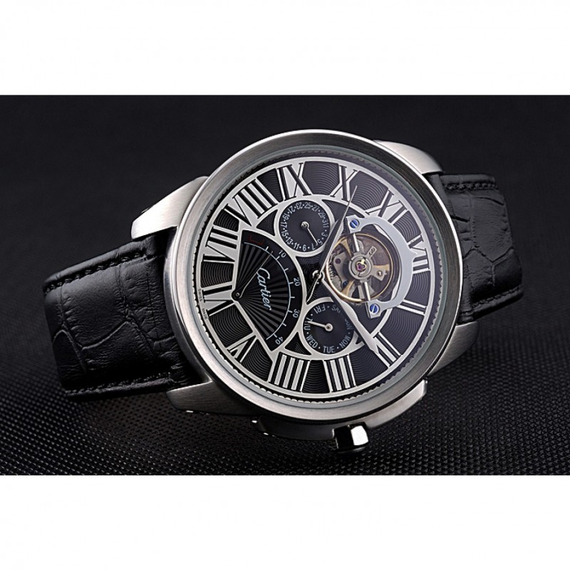 High End Replica Watches Cartier Calibre Tourbillon Black Dial Stainless Steel Case Black Leather Strap 622752-4