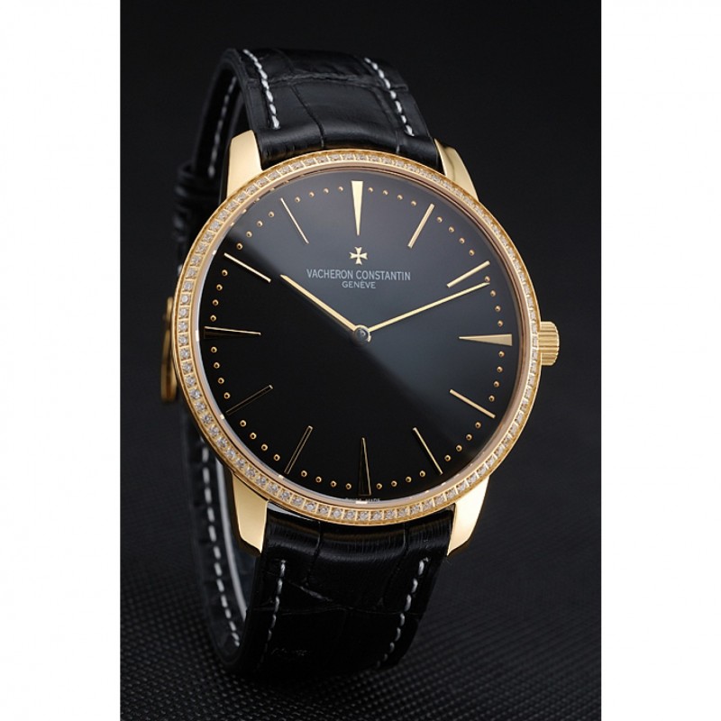 Swiss Vacheron Constantin Patrimony Grand Taille Black Dial Gold Diamond Case Black Leather Bracelet 1454183-2