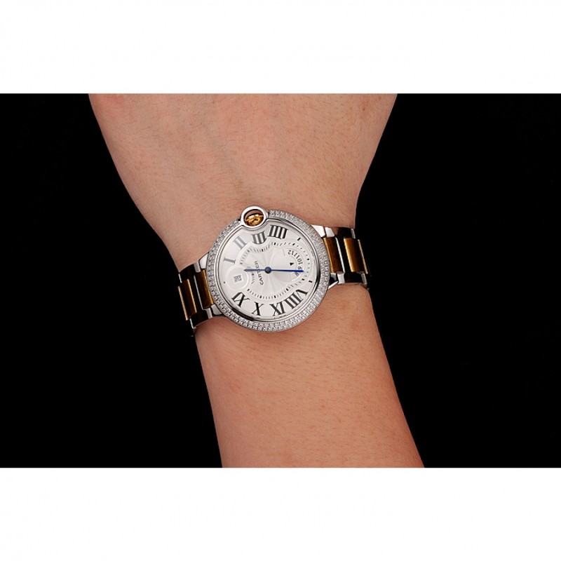 Swiss Cartier Ballon Bleu Two Timezone White Dial Diamond Case Gold And Silver Bracelet 1453876-8