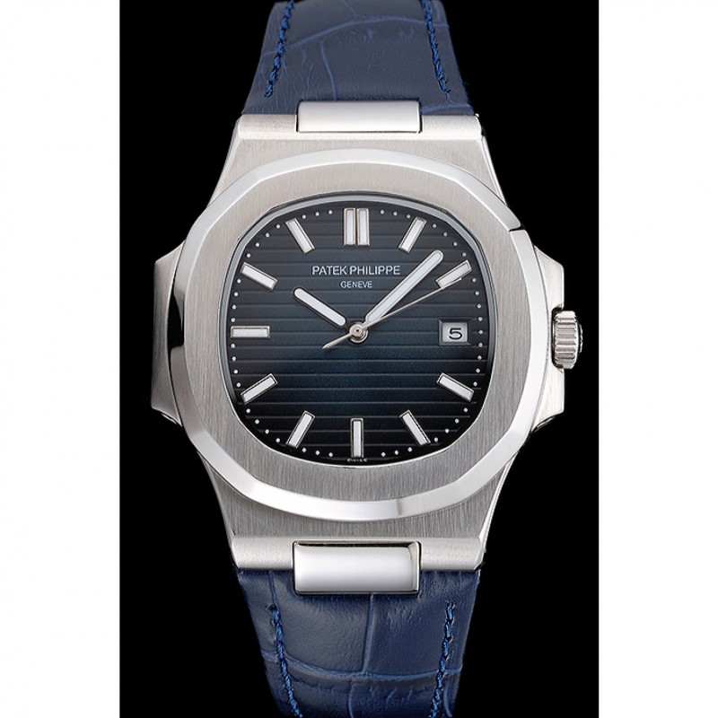 Patek Philippe Nautilus Blue Dial Brushed Stainless Steel Case Blue Leather Strap-1