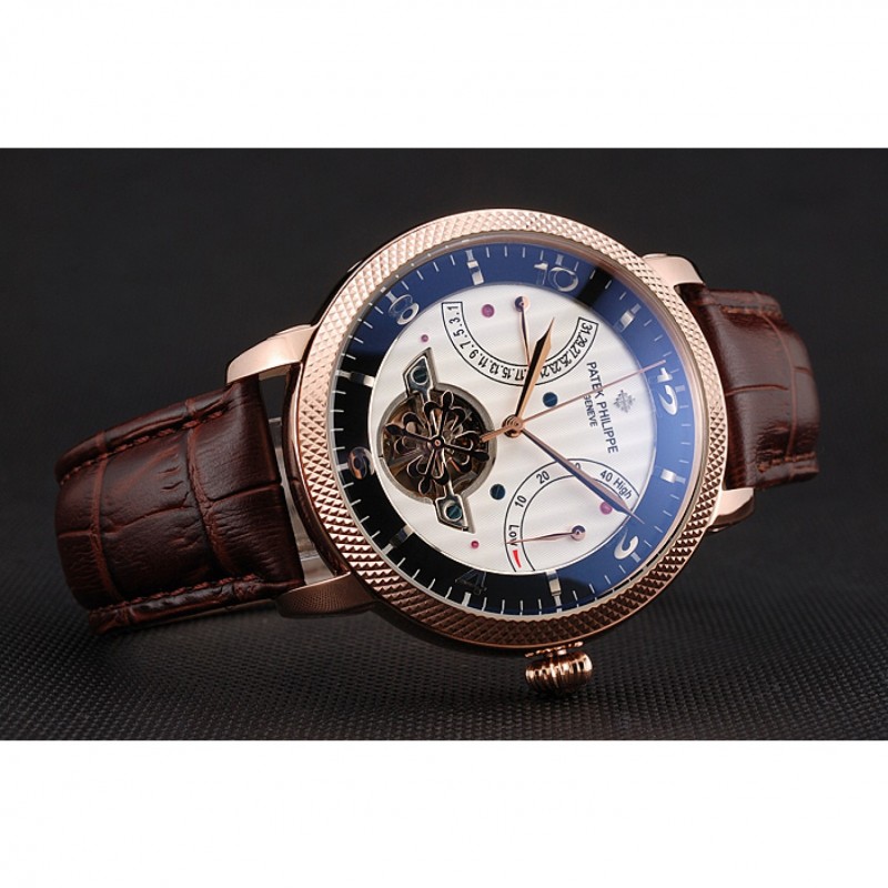 Patek Philippe Classic Tourbillon Power Reserve Black And White Dial Rose Gold Case Brown Leather Strap-3