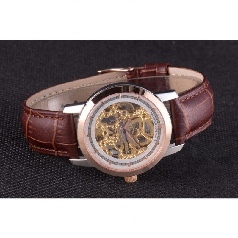 Vacheron Constantin White Skeleton Watch with Rose Gold Bezel and Brown Leather Strap 621539-3