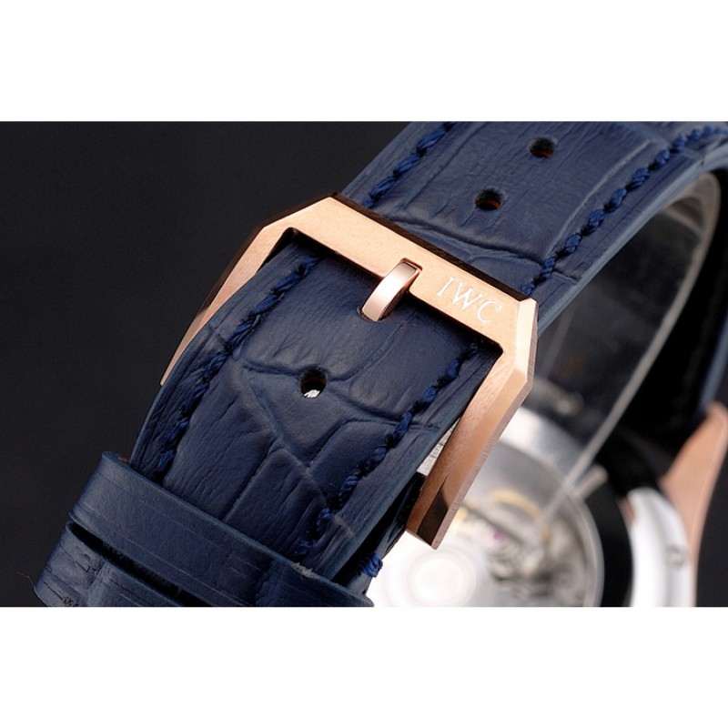 Cheap Replica Watches Swiss IWC Portugieser Power Reserve Blue Dial Rose Gold Case Blue Leather Strap-5