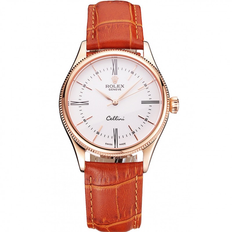 Cheap Swiss Rolex Cellini White Dial Roman Numerals Rose Gold Case Light Brown Leather Strap-0