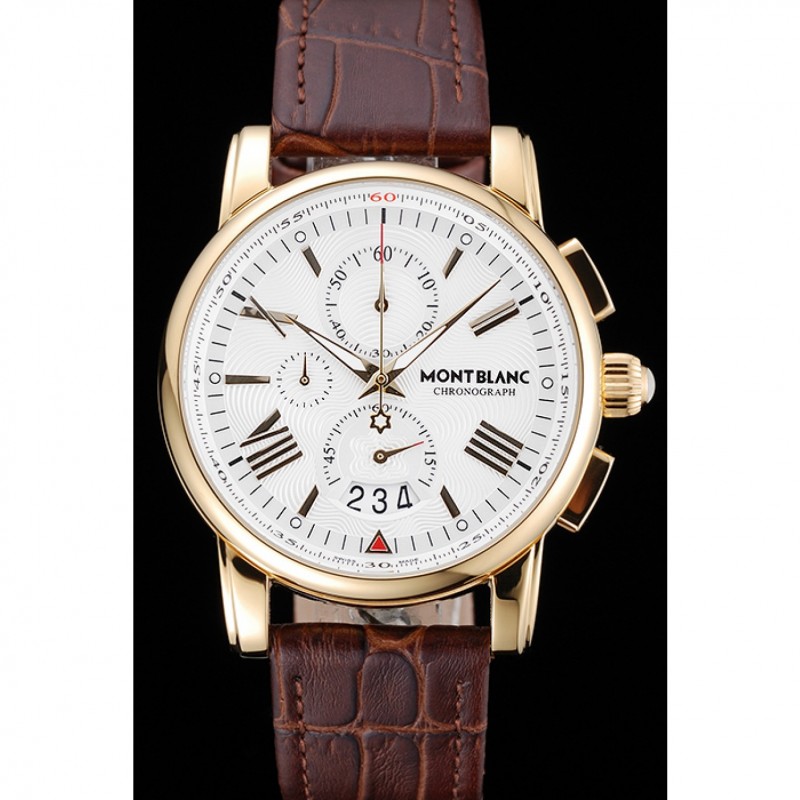 Cheap Replica Watches Montblanc Chronograph White Dial Brown Leather Bracelet Gold Case 1454113-1