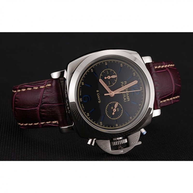 Panerai Radiomir 8 Days Chronograph Black Dial Stainless Steel Case Plum Leather Strap 1453795-4