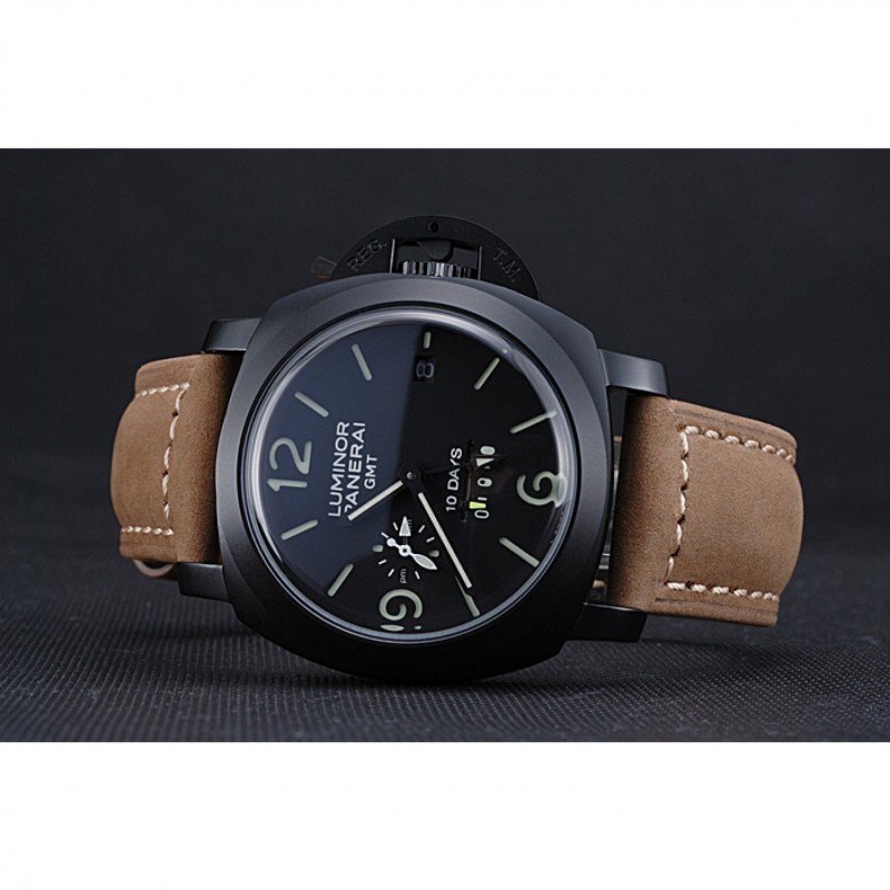 High End Replica Watches Panerai Luminor GMT Ion Plated Stainless Steel Bezel Khaki Leather Bracelet 622315-4