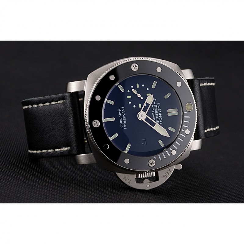 Panerai Luminor Submersible Black Dial Stainless Steel Case Black Bezel Black Leather Strap-4