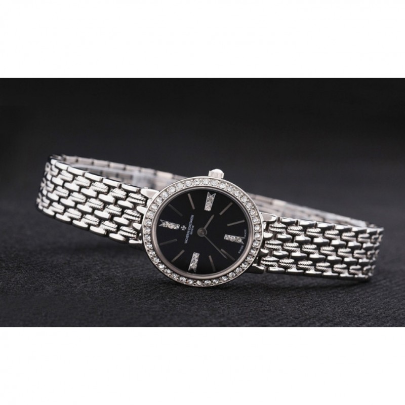 SS Replica Watches Vacheron Constantin Patrimony Traditionnelle Diamond Black Dial Stainless Steel Bracelet-7