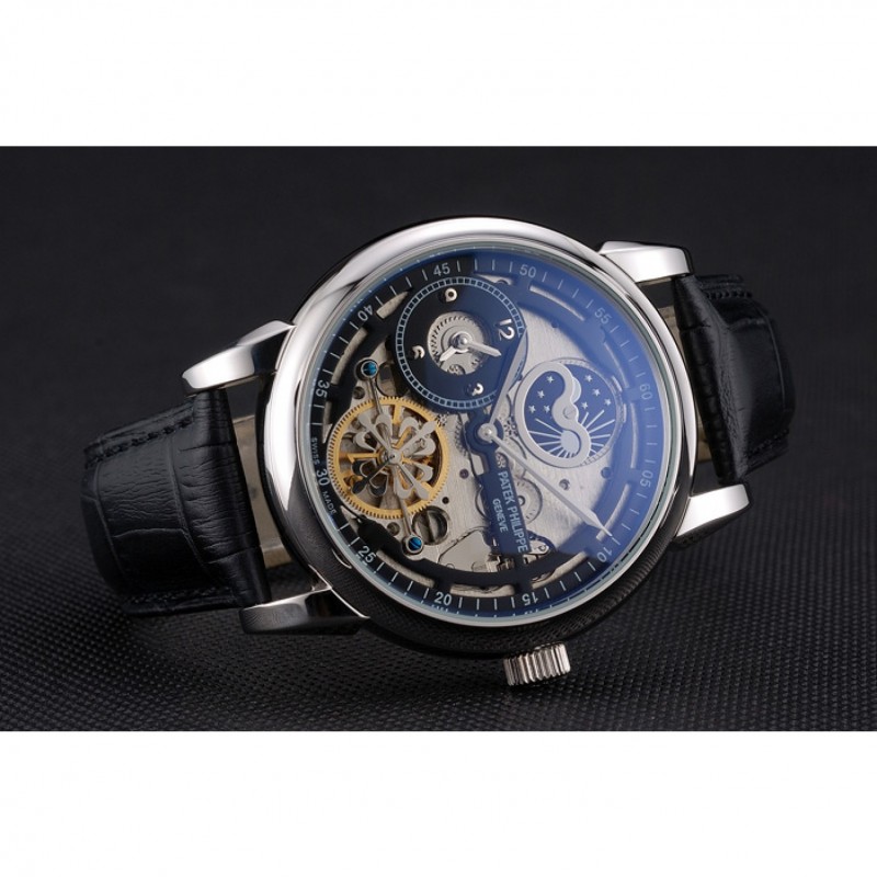 Patek Philippe Dual Time Moonphase Tourbillon Black Skeletonised Dial Stainless Steel Case Black Leather Strap-4
