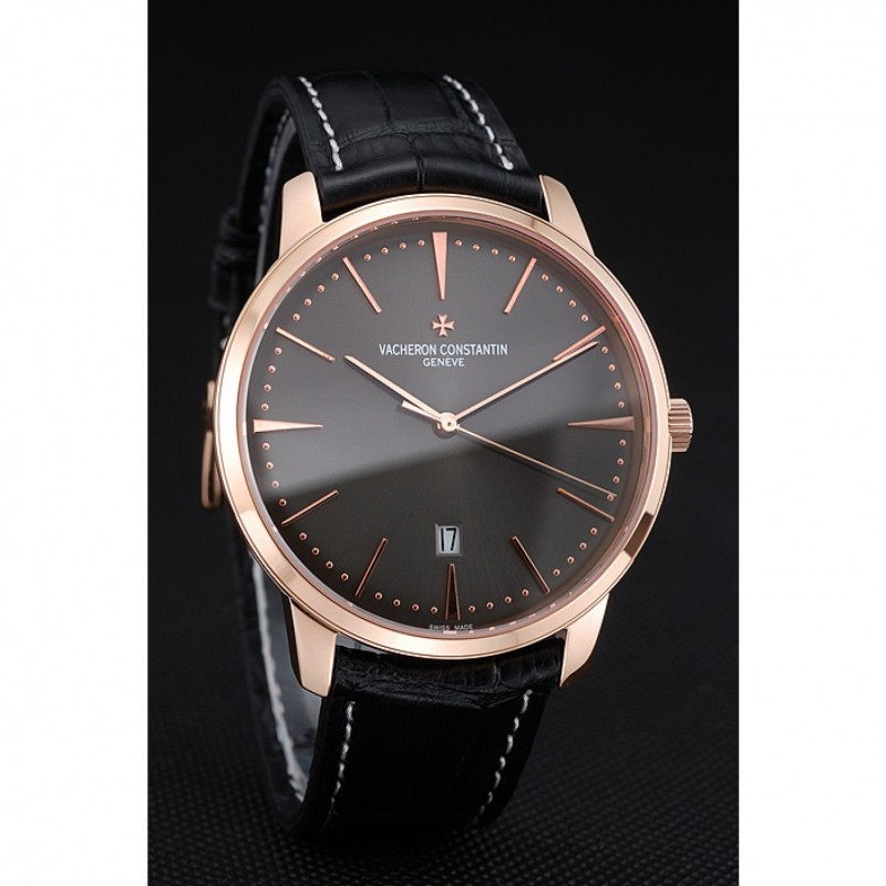 High End Replica Watches Swiss Vacheron Constantin Patrimony Grey Dial Rose Gold Case Black Leather Bracelet 1454167-2