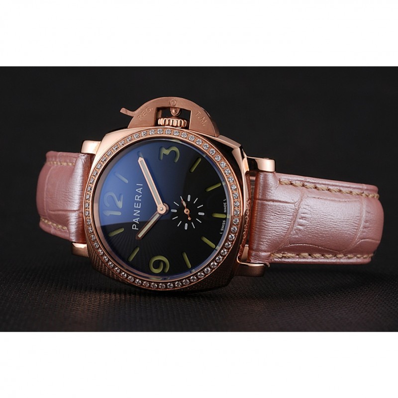 Panerai Radiomir Black Dial Diamond Bezel Rose Gold Case Pink Leather Strap 1453801-3