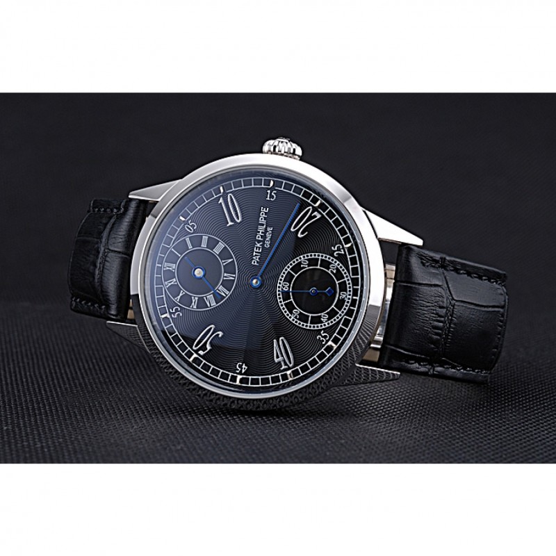 Patek Philippe Geneve Two Dial Black Dial Stainless Steel Bezel Black Leather Band 622145-4