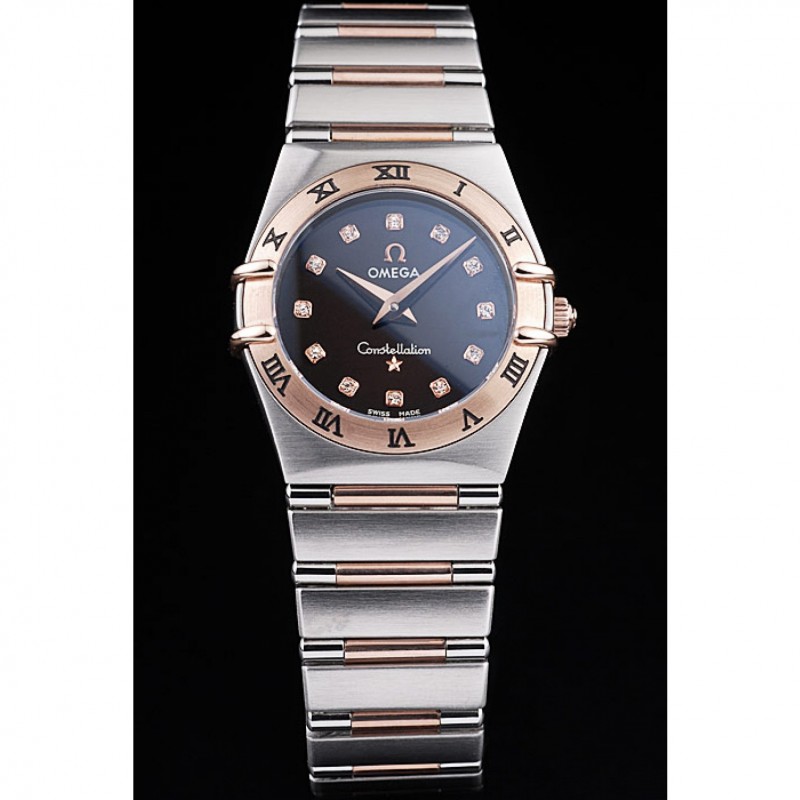 Omega Swiss Constellation Jewelry Rose Gold Case Black Dial 98114-1
