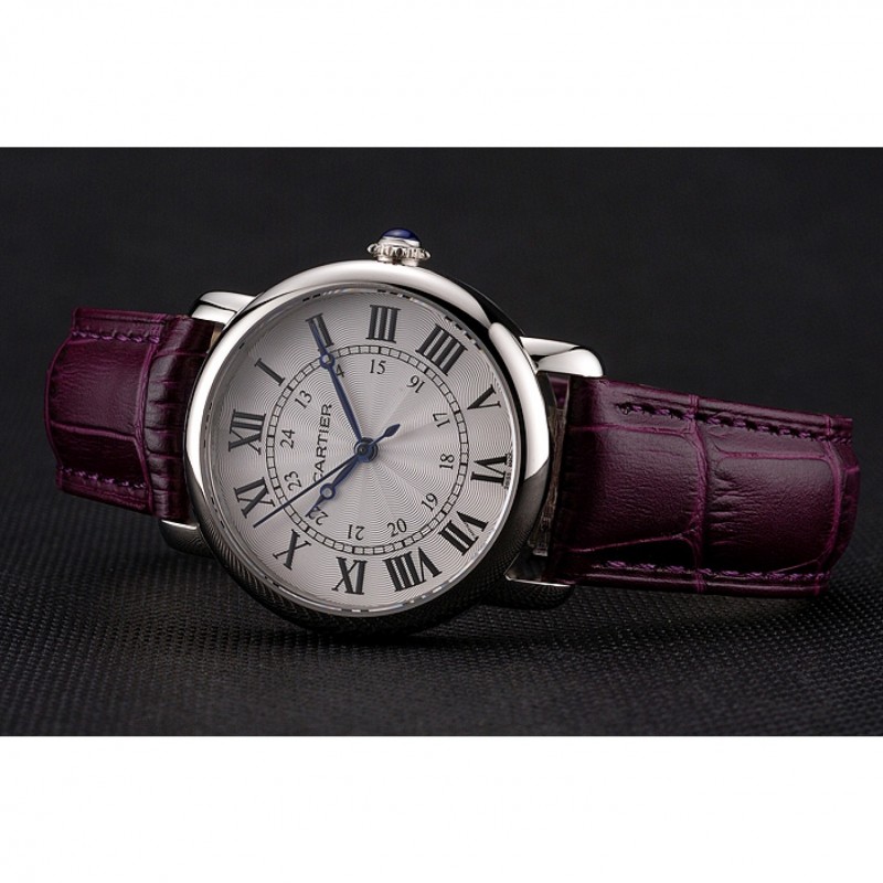 Cartier Ronde White Dial Stainless Steel Case Purple Leather Strap-3