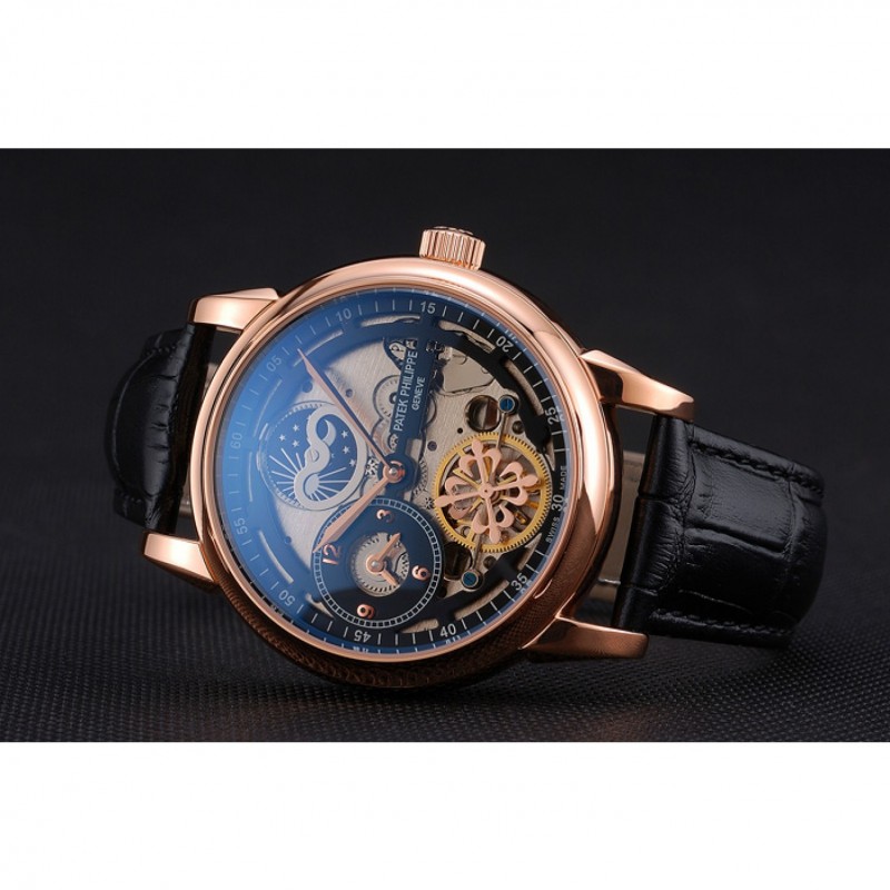 Patek Philippe Dual Time Moonphase Tourbillon Black Skeletonised Rose Gold Case Black Leather Strap-4