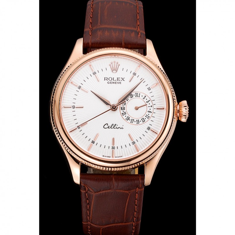 High End Replica Watches Rolex Cellini White Rose Dial Gold Case Brown Leather Bracelet 622725-1