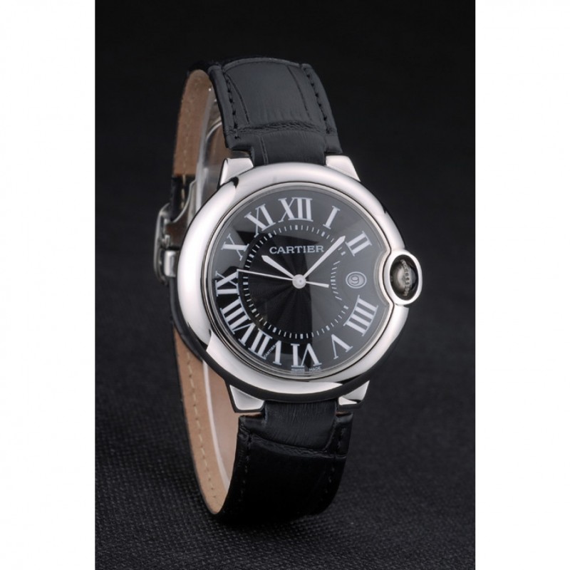 Cheap Replica Watches Cartier Ballon Bleu 38mm Black Dial Stainless Steel Case Black Leather Bracelet-2