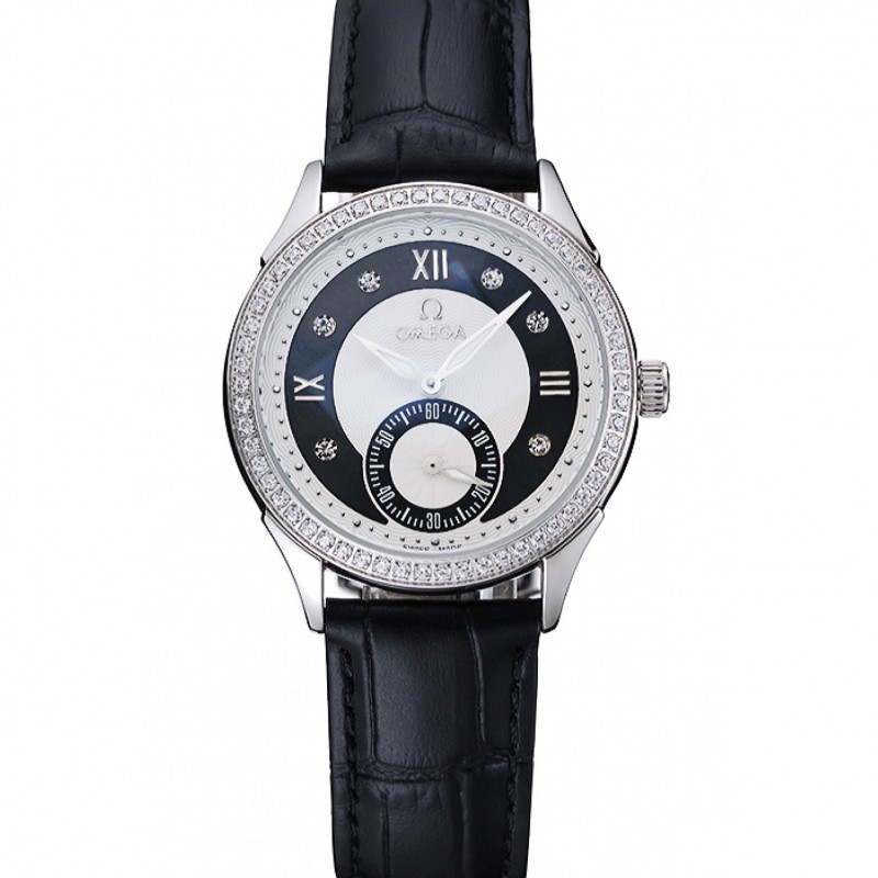 Omega DeVille Prestige Black Dial Silver Diamond Case Black Leather Bracelet 1454120-0