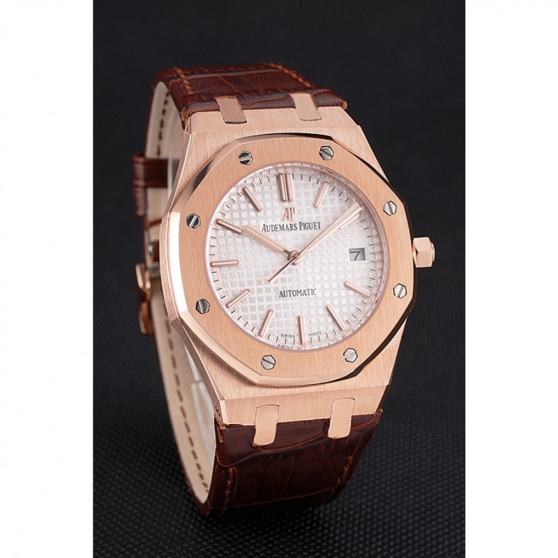 Swiss Audemars Piguet Royal Oak White Dial Gold Case Brown Leather Strap-2