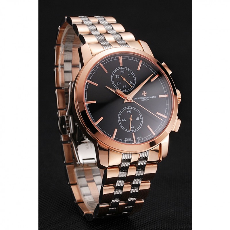 Swiss Vacheron Constantin Patrimony Traditionnelle Chronograph Black Dial Rose Gold Case Two Tone Bracelet 1453758-2