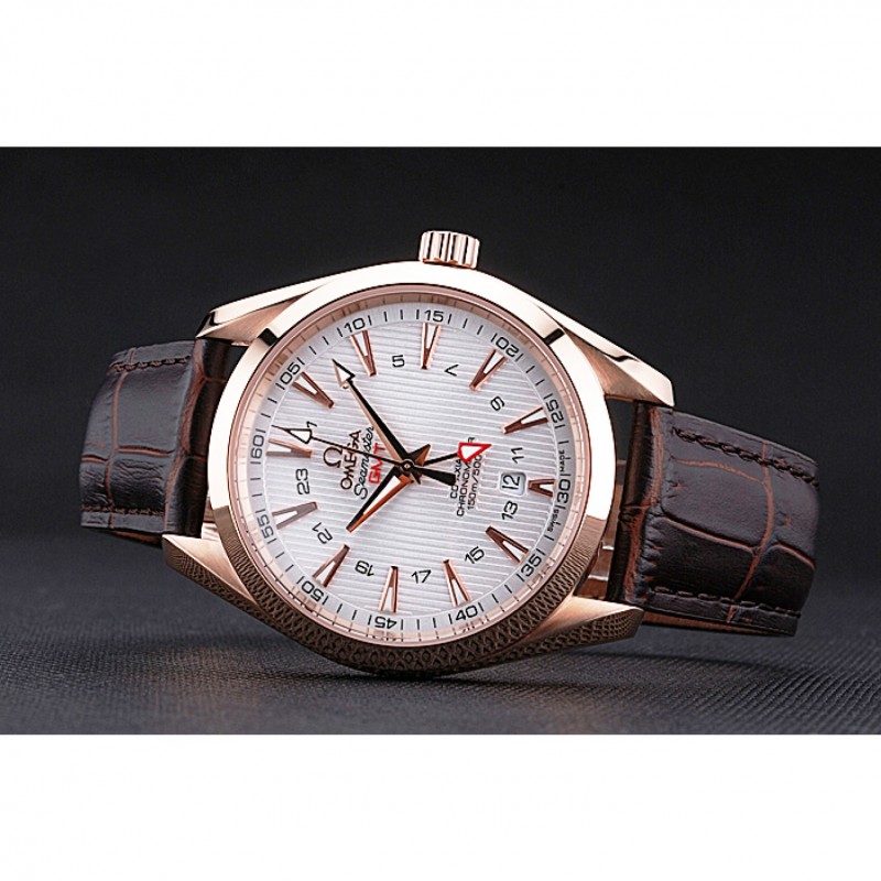 Cheap Omega Seamaster Planet Ocean GMT White Dial Rose Gold Case Brown Leather Band 622400-4