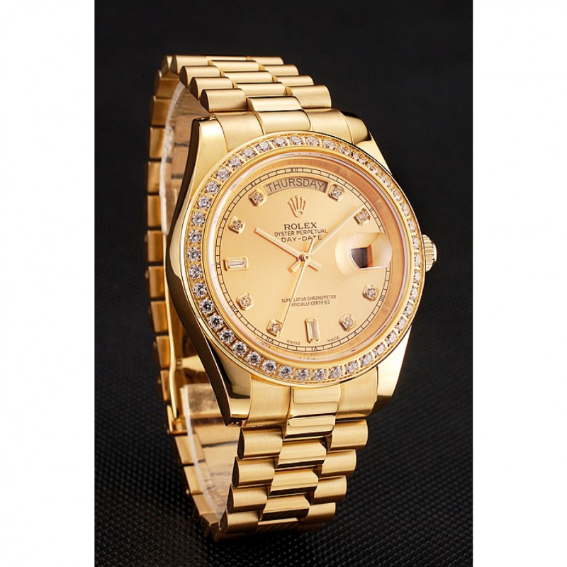 Swiss Rolex Day-Date Champagne Dial Diamond Bezel Gold Bracelet 1454099-2